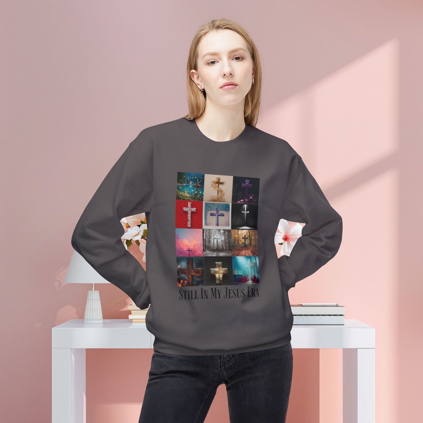 "Still In My Jesus Era" Cross Collage Crewneck Sweatshirt
